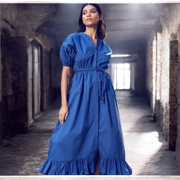 MISA Los Angeles Amarine Blue Ruffle Hem Midi Dress Puff Sleeves NWT MSRP $350 - Picture 2 of 12